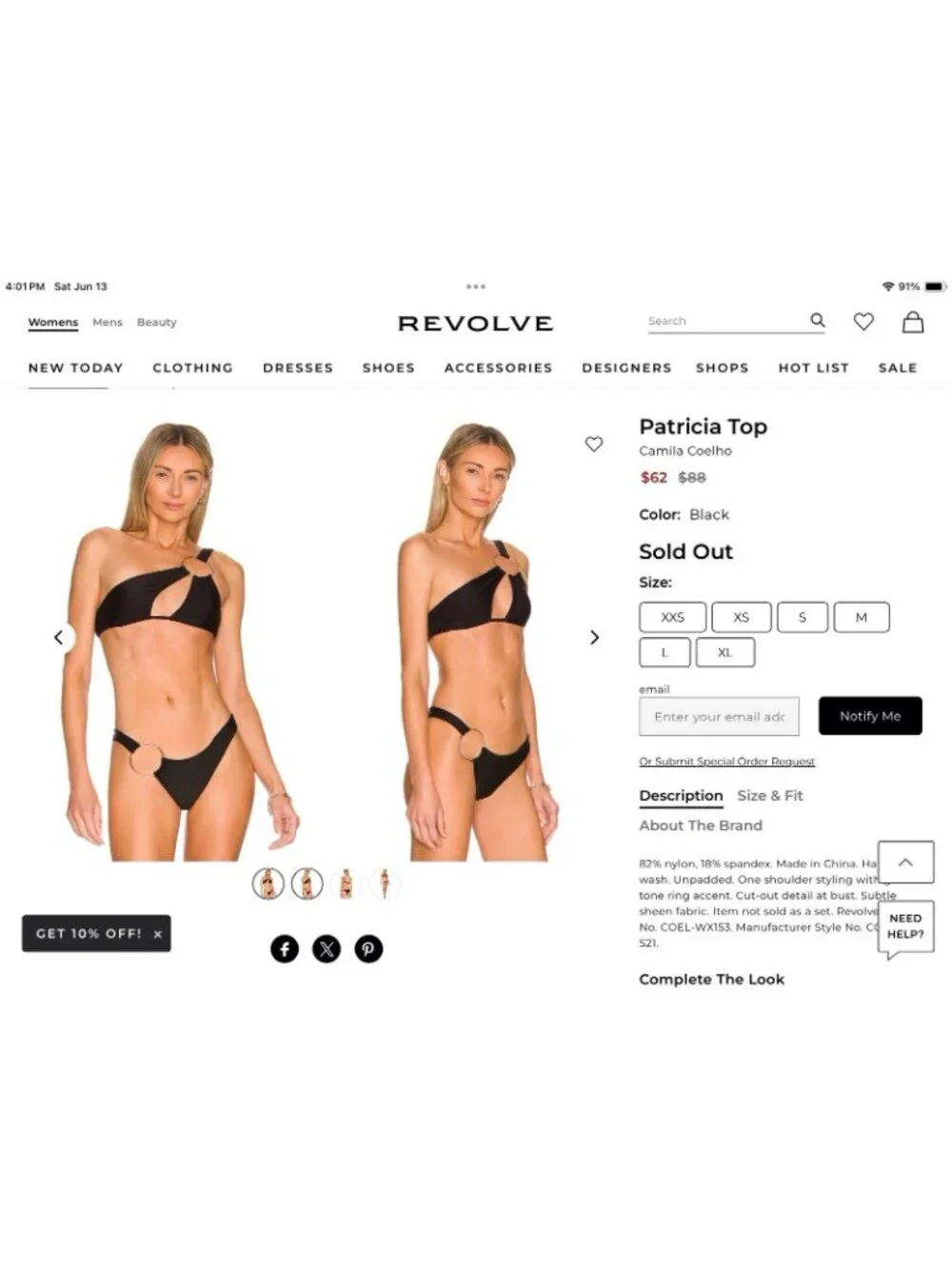 Revolve Camila Coelho Patricia Bikini Top Bottoms Black Gold Ring Size Large